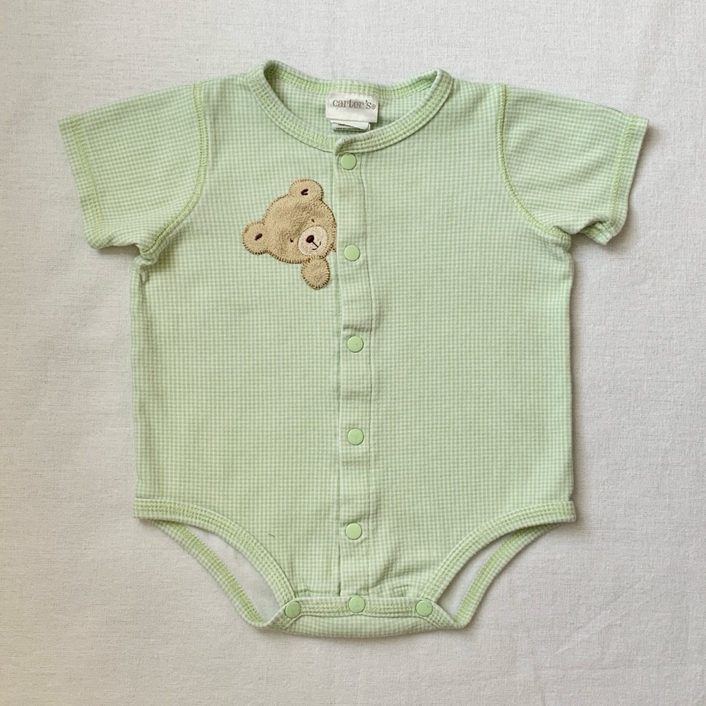 Vintage Carter’s 100% Cotton Teddy Bear Green Gingham Bodysuit Romper Shirt 6-9M